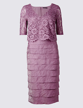 Shutter Pleat Floral Lace Shift Midi Dress Image 2 of 4