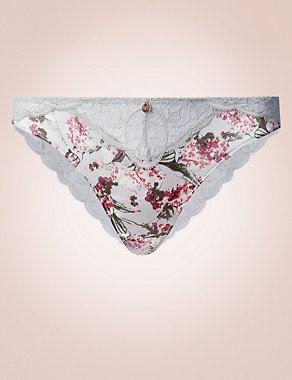 Silk & Lace Floral Print Brazilian Knickers Image 2 of 5