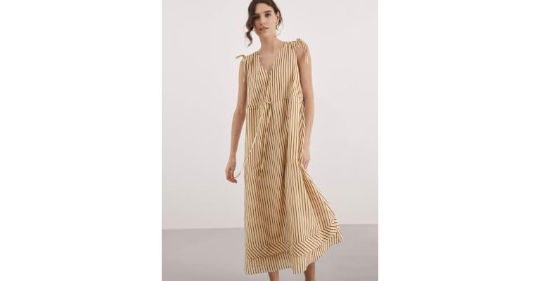 Silk Blend Striped V-Neck Midi Column Dress 8 of 8