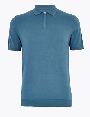 Silk Cotton Zip Collar Knitted Polo Shirt Image 2 of 5