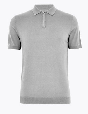 Silk Cotton Zip Collar Knitted Polo Shirt Image 2 of 4
