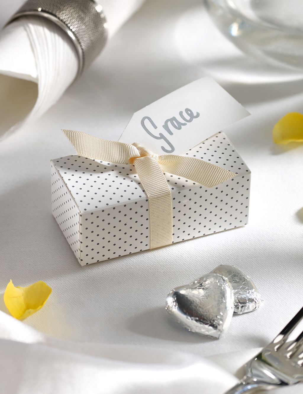 Silver Milk Chocolate Heart Wedding Favours in a Dotty Box with Cream Ribbon - Pack of 25 3 of 6