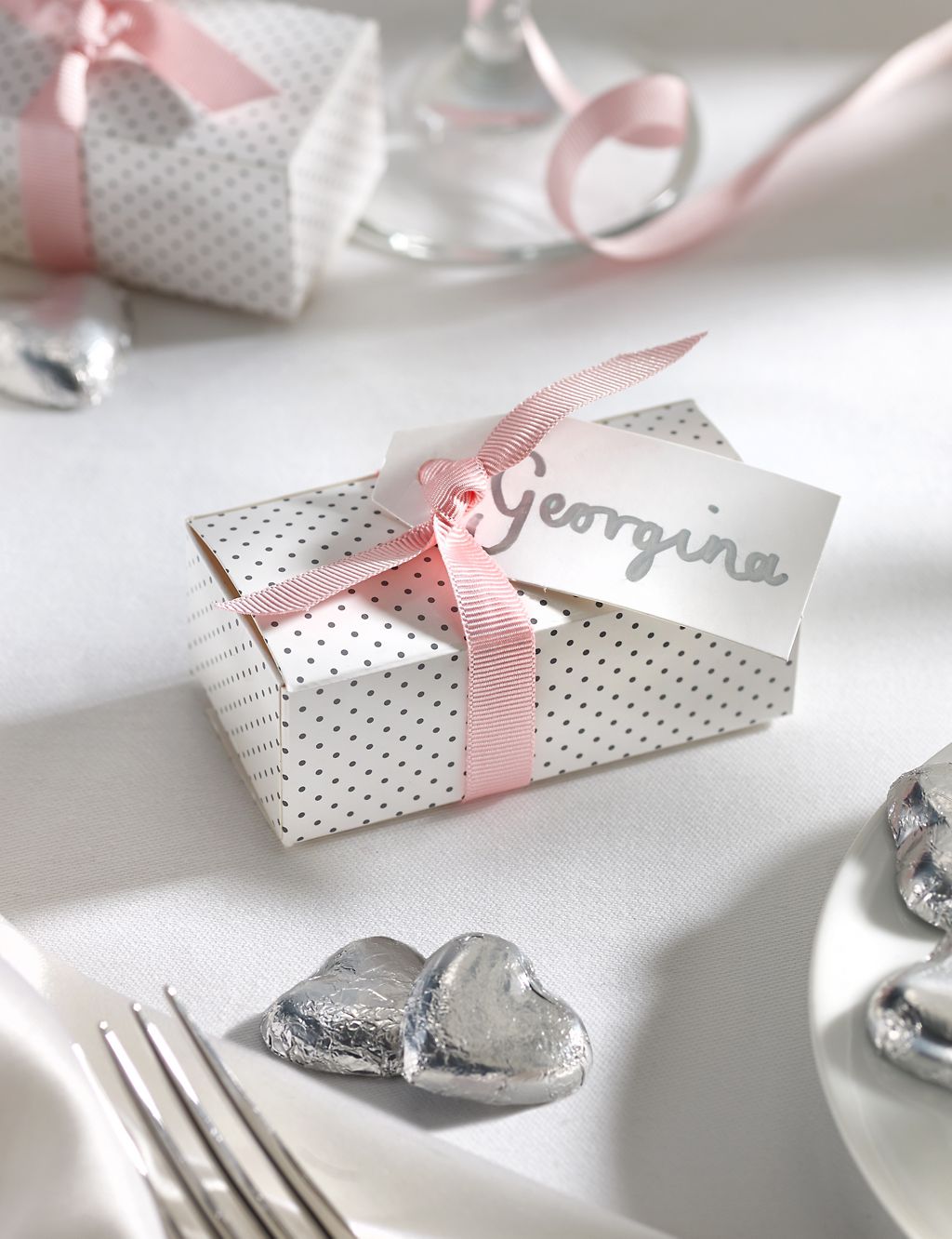 Silver Milk Chocolate Heart Wedding Favours in a Dotty Box with Pink Ribbon - Pack of 25 3 of 6