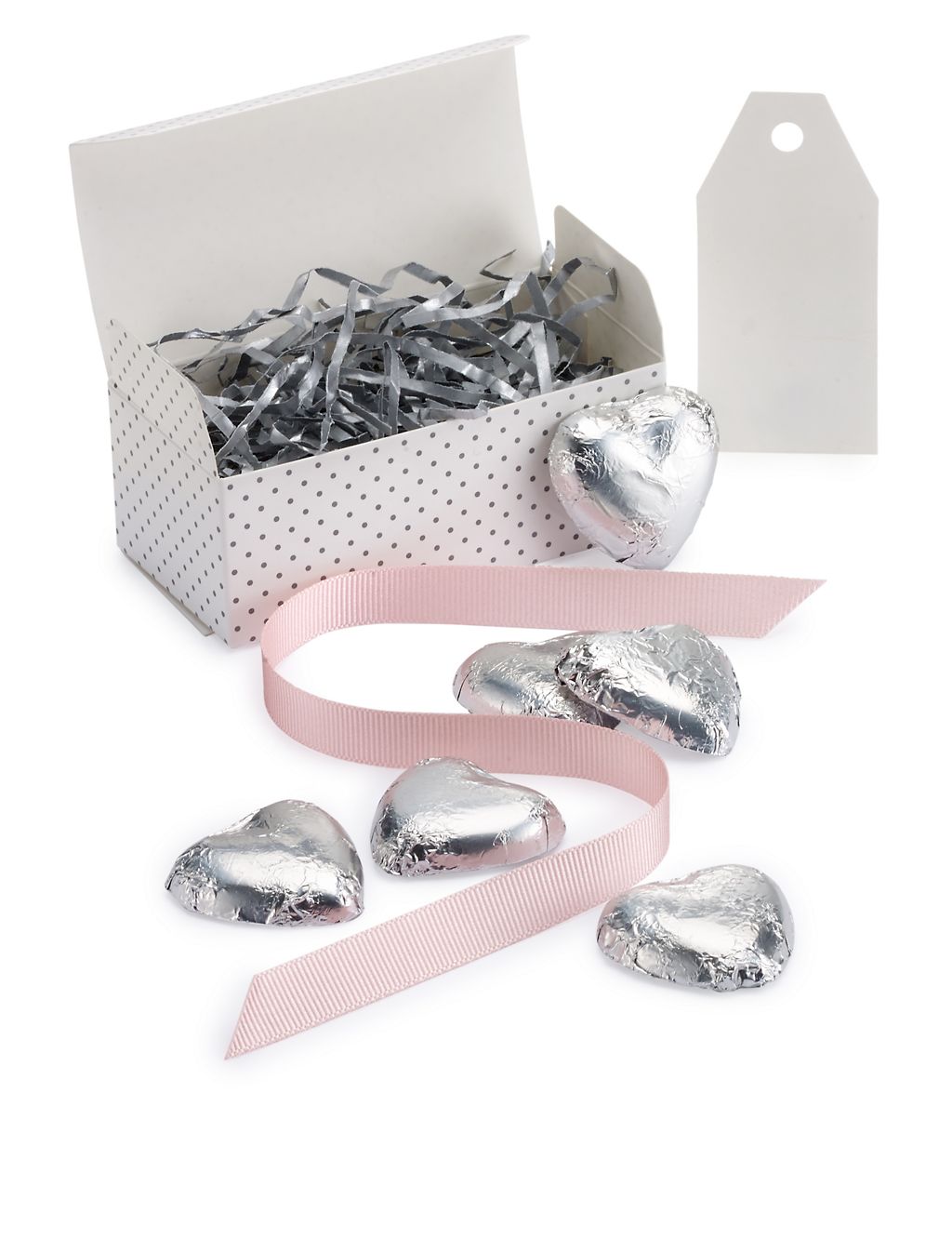 Silver Milk Chocolate Heart Wedding Favours in a Dotty Box with Pink Ribbon - Pack of 25 5 of 6