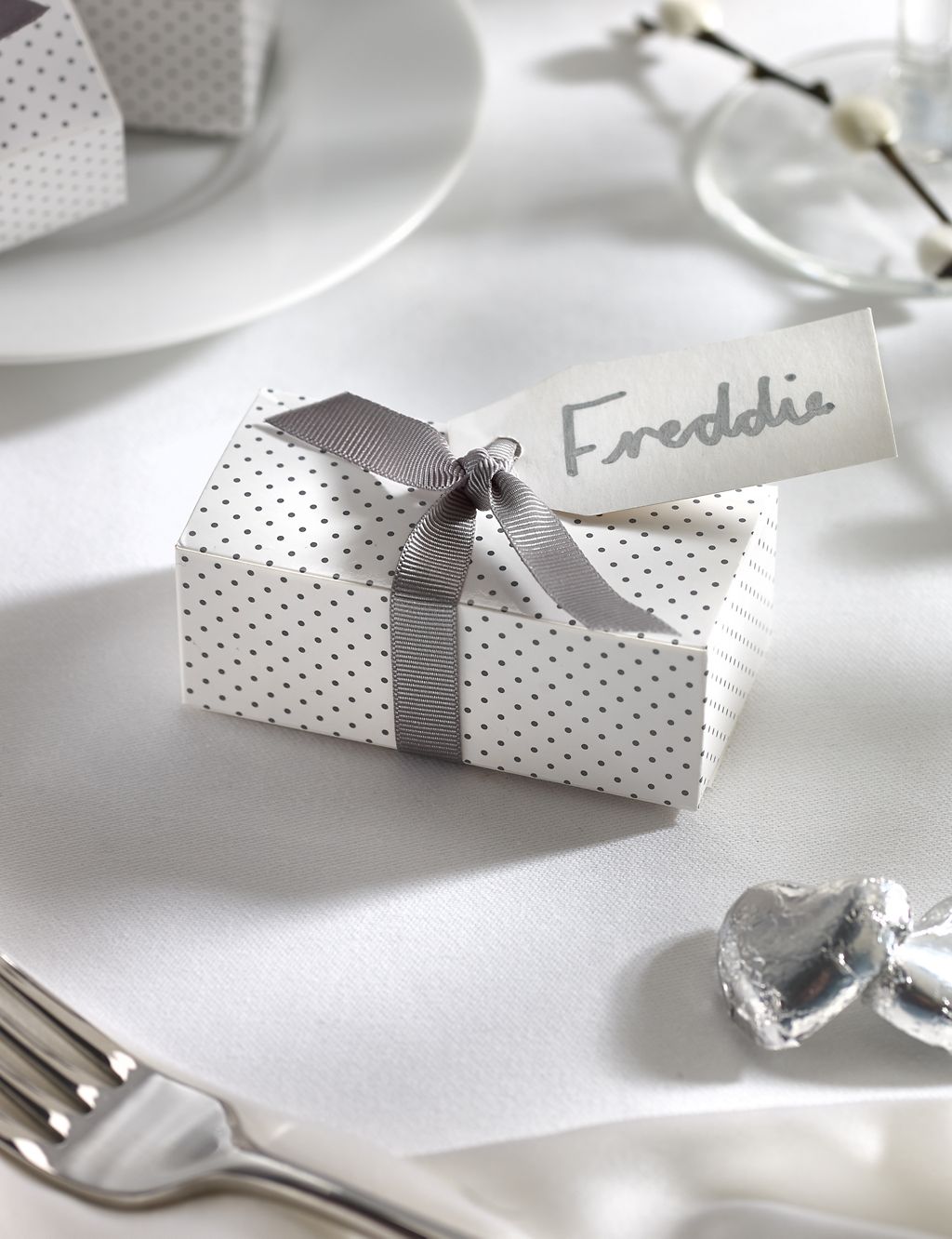 Silver Milk Chocolate Heart Wedding Favours in a Dotty Box with Silver Ribbon - Pack of 25 3 of 6