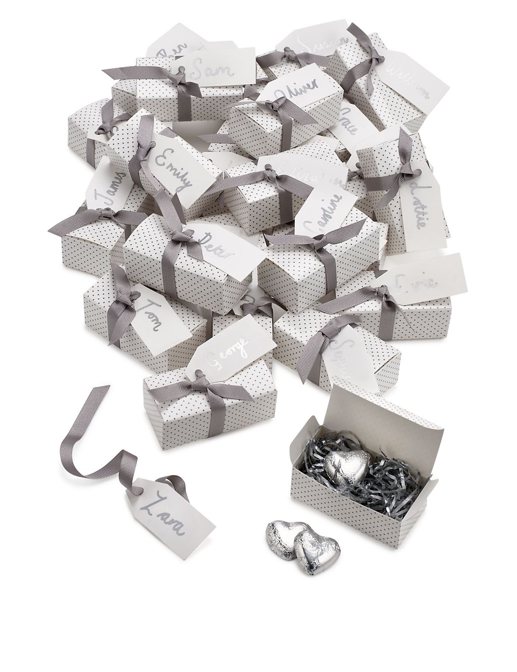 Silver Milk Chocolate Heart Wedding Favours in a Dotty Box with Silver Ribbon - Pack of 25 6 of 6