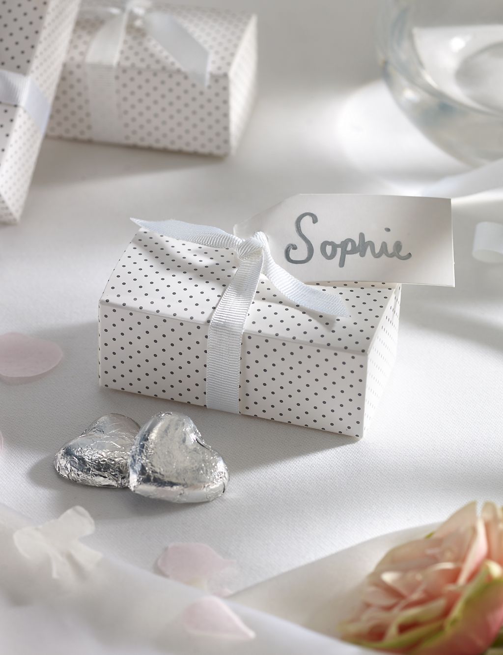 Silver Milk Chocolate Heart Wedding Favours in a Dotty Box with White Ribbons - Pack of 25 3 of 6
