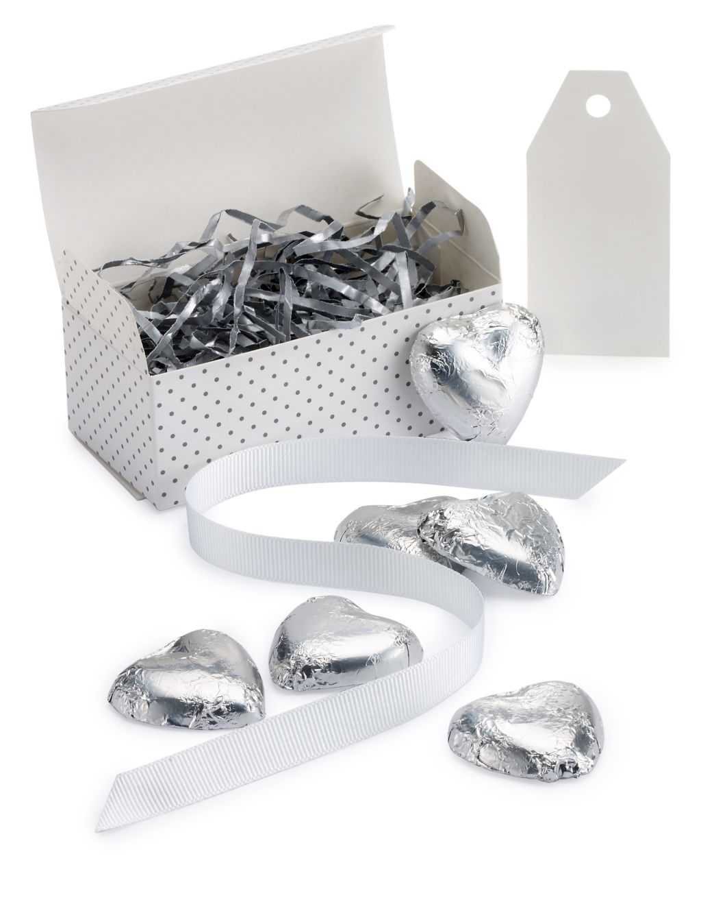 Silver Milk Chocolate Heart Wedding Favours in a Dotty Box with White Ribbons - Pack of 25 5 of 6