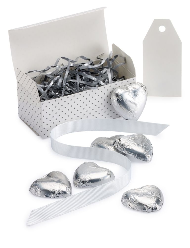 Silver Milk Chocolate Heart Wedding Favours in a Dotty Box with White Ribbons - Pack of 25 5 of 6