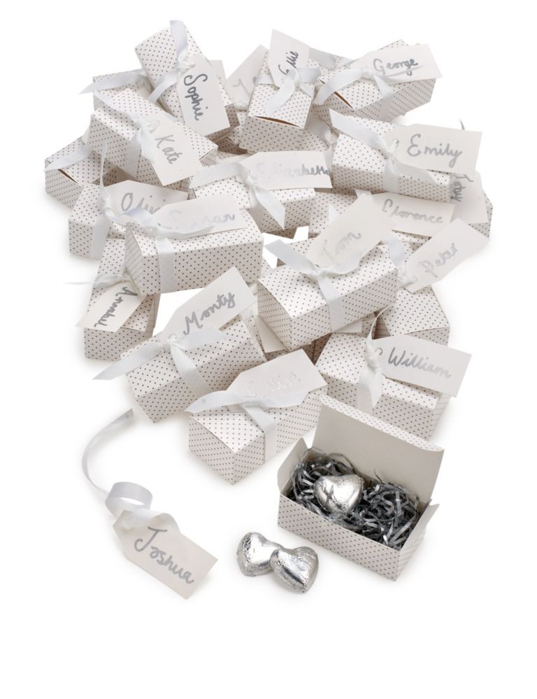 Silver Milk Chocolate Heart Wedding Favours in a Dotty Box with White Ribbons - Pack of 25 6 of 6