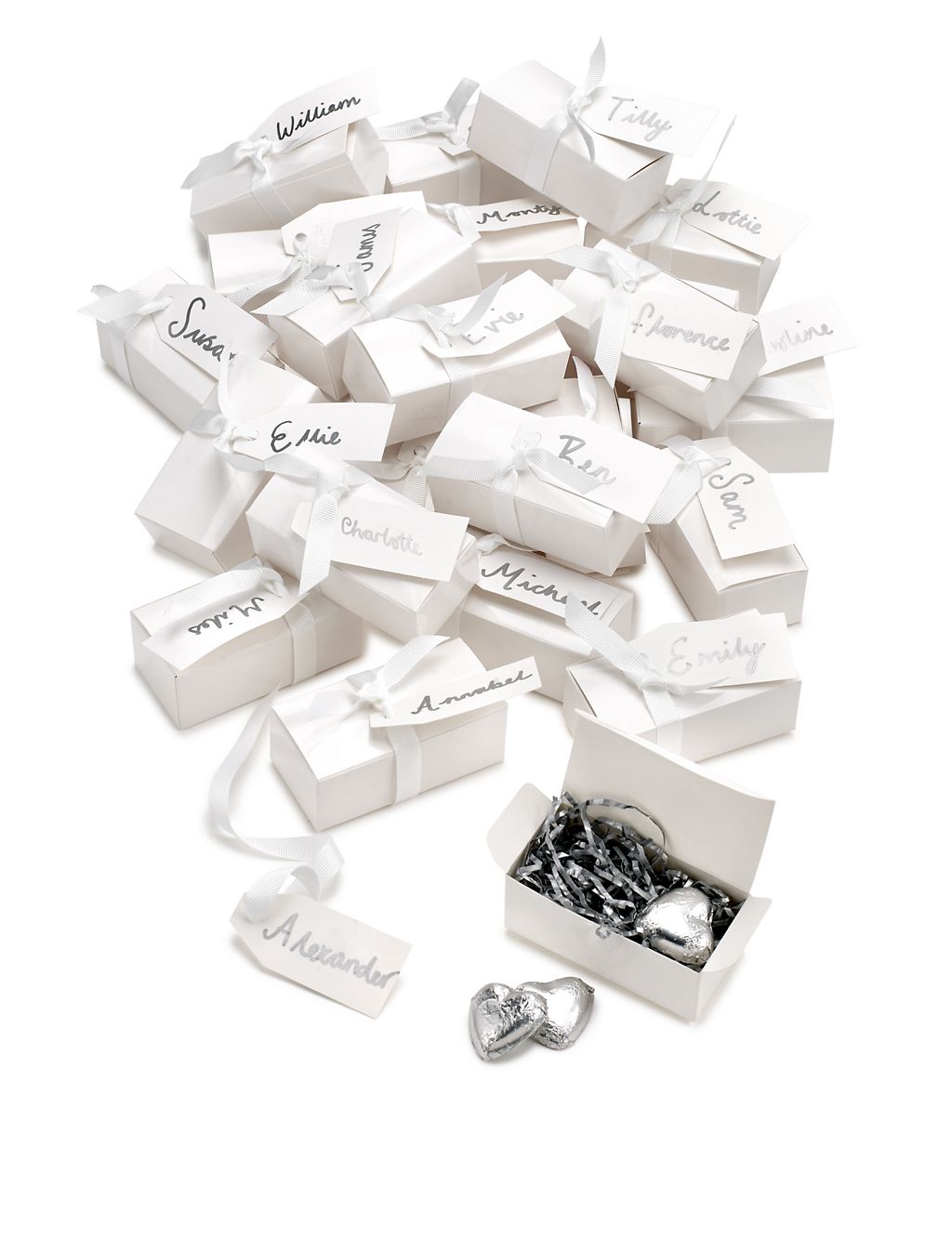 Silver Milk Chocolate Heart Wedding Favours in a White Box with White Ribbon - Pack of 25 6 of 6