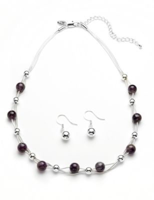 Silver Plated Assorted Semi Precious Bead Necklace & Earrings Set Image 1 of 1