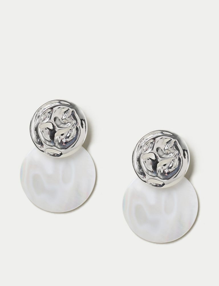 Silver Tone MOP Round Disc Earrings 1 of 2