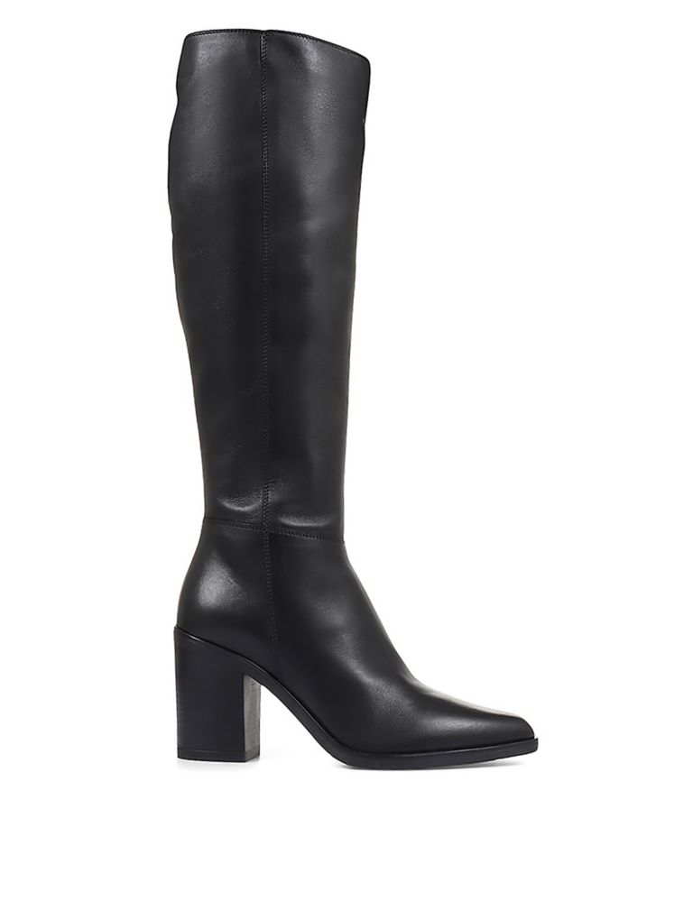 Slim Calf Leather Block Heel Pointed Knee High Boots 4 of 7