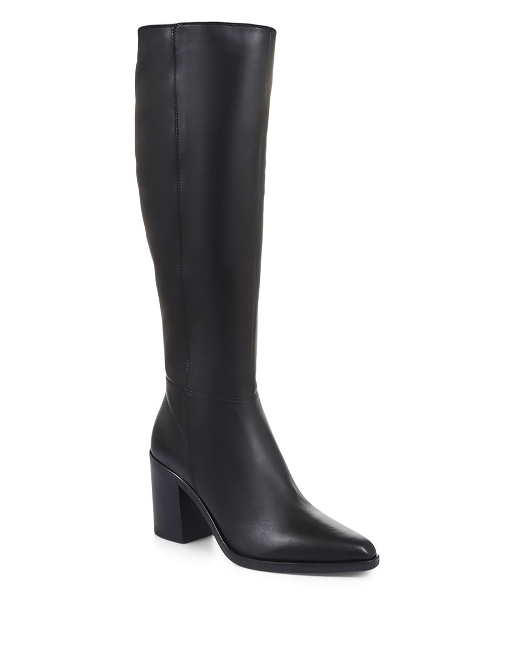 Slim Calf Leather Block Heel Pointed Knee High Boots 1 of 7