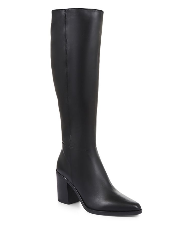 Slim Calf Leather Block Heel Pointed Knee High Boots 3 of 7