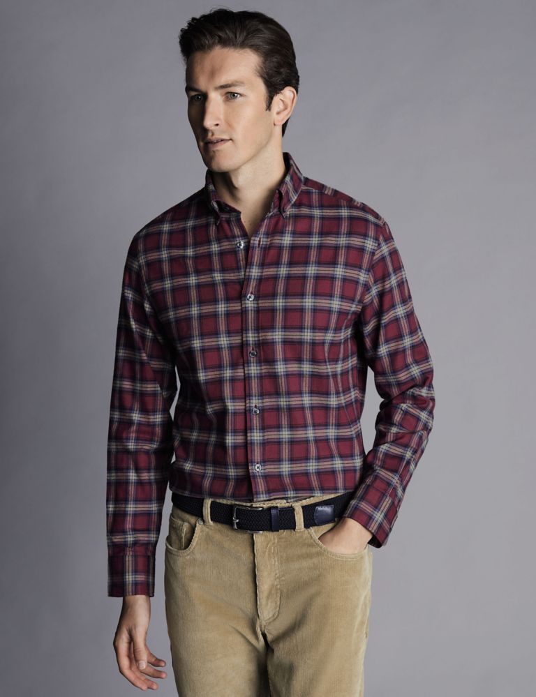 Slim Fit Brushed Cotton Check Flannel Shirt 1 of 7