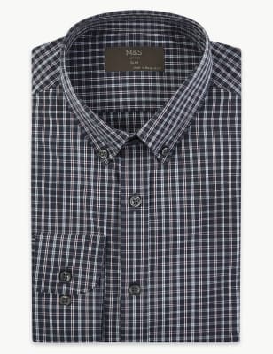M/&S COLLECTION Navy Mix Cotton Blend Easy to Iron Slim Fit Shirt 15.5 or 16/'/'