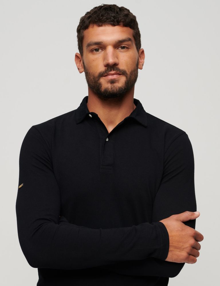 Slim Fit Pure Cotton Long Sleeve Polo Shirt 1 of 3