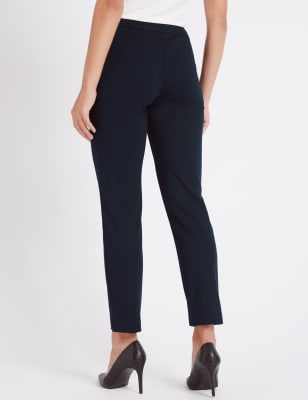 Women High-Rise Tapered Fit Flat-Front Navy Blue Trousers