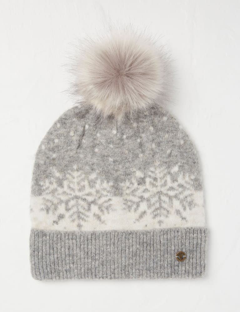 M&S Womens Knitted Faux Fur Pom Hat - Grey