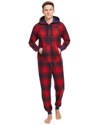 Soft Touch Fleece Hooded Checked Onesie M S Collection M S