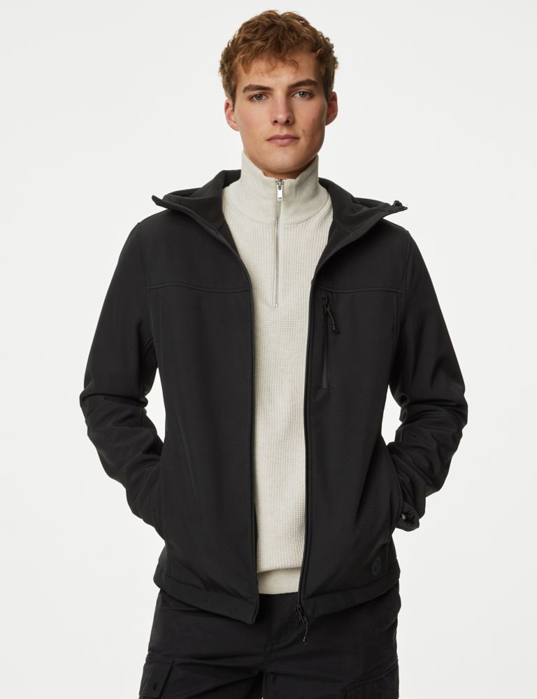 Black Shower Resistant Softshell Hooded Jacket