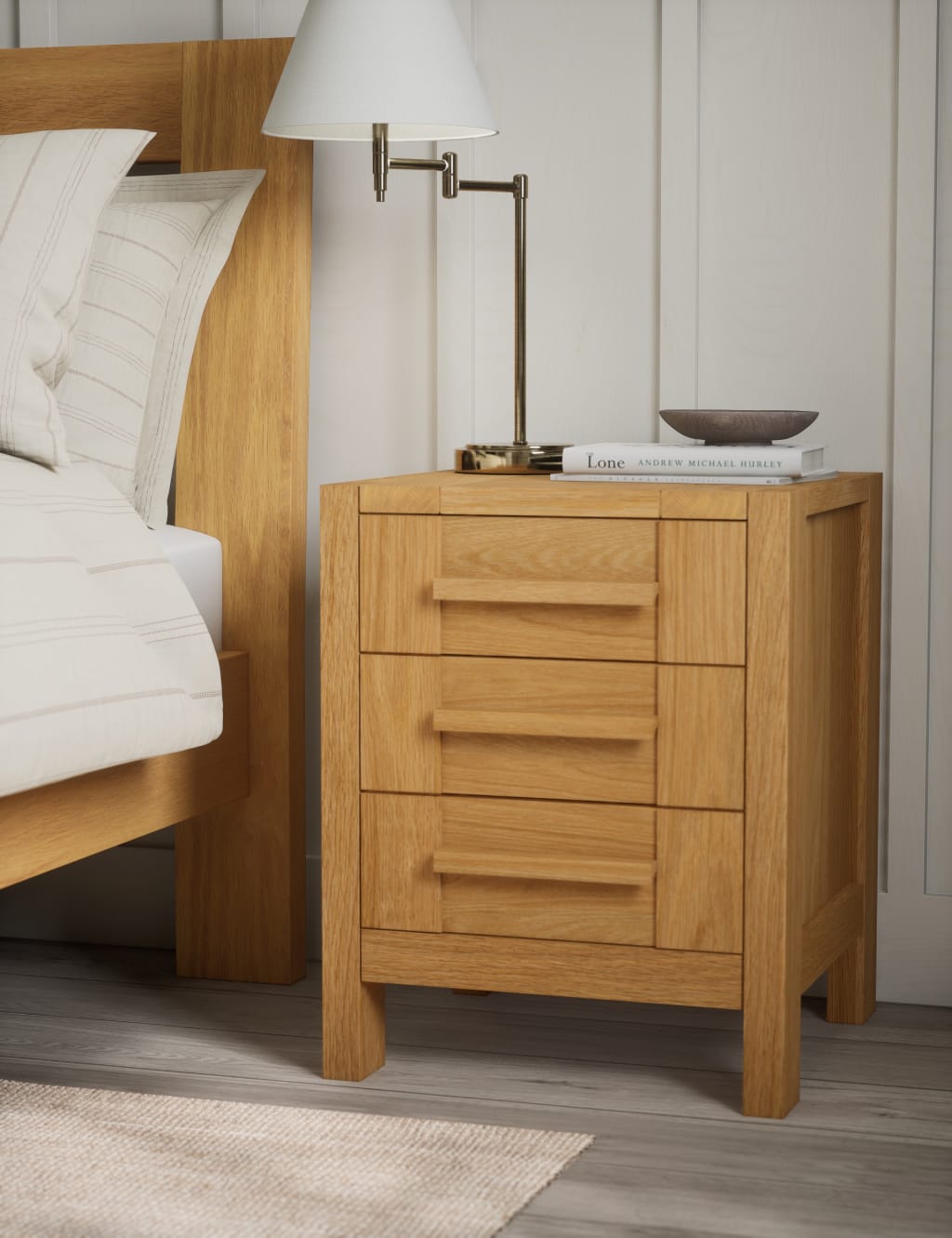 Bed bedside table and deals chest of drawers