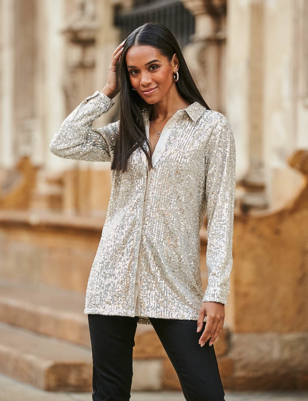 Long sleeve sequin blouse sale