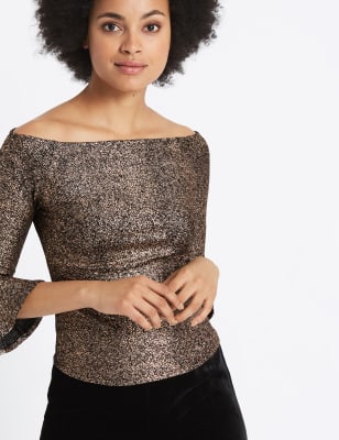 Sparkly Flared Sleeve Bardot Top | M\u0026S 