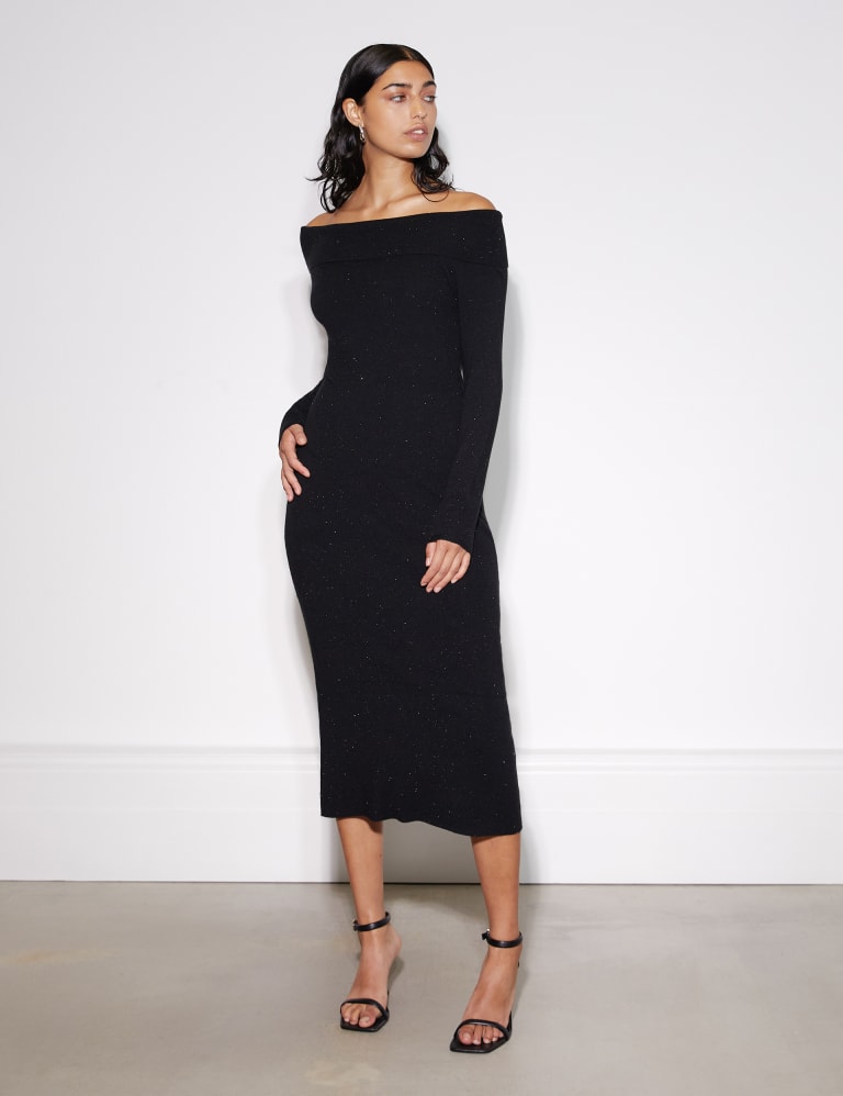 Sparkly Ribbed Bardot Midi Bodycon Dress Albaray M S