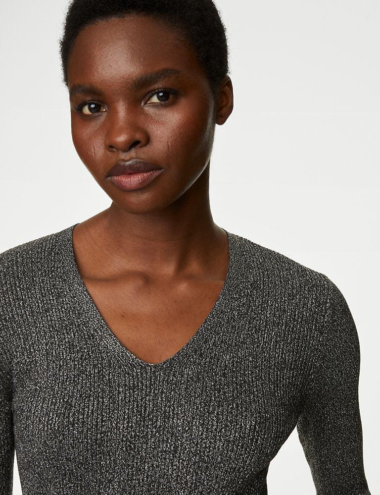 Sparkly Ribbed V-Neck Knitted Top