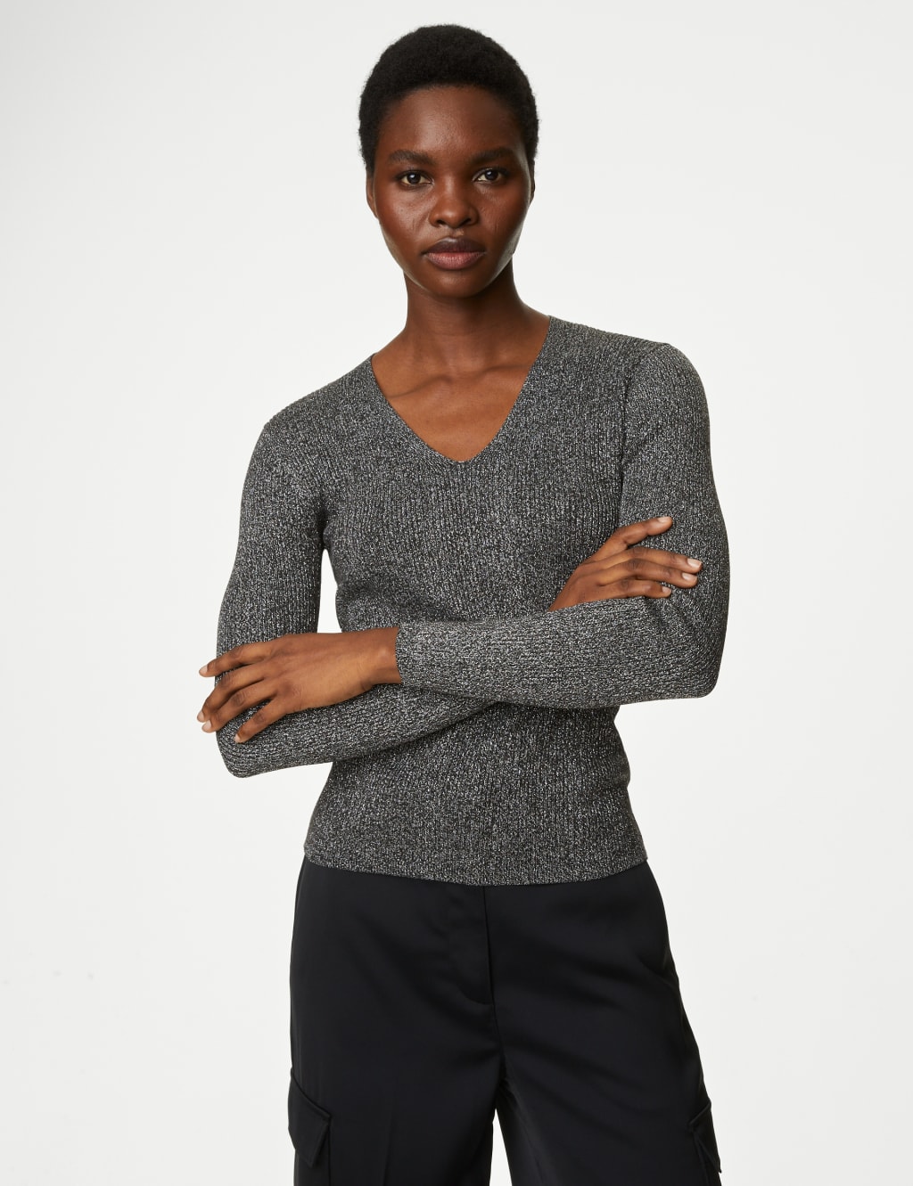 Sparkly Ribbed V-Neck Knitted Top | M&S Collection | M&S