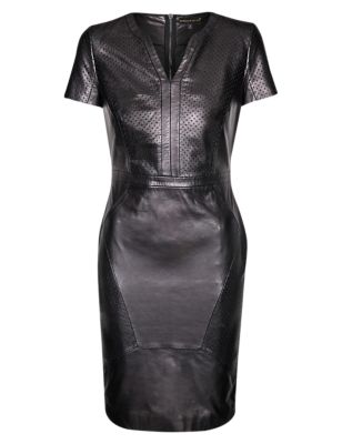 Speziale Petite Leather Perforated Panelled Shift Dress Image 2 of 6