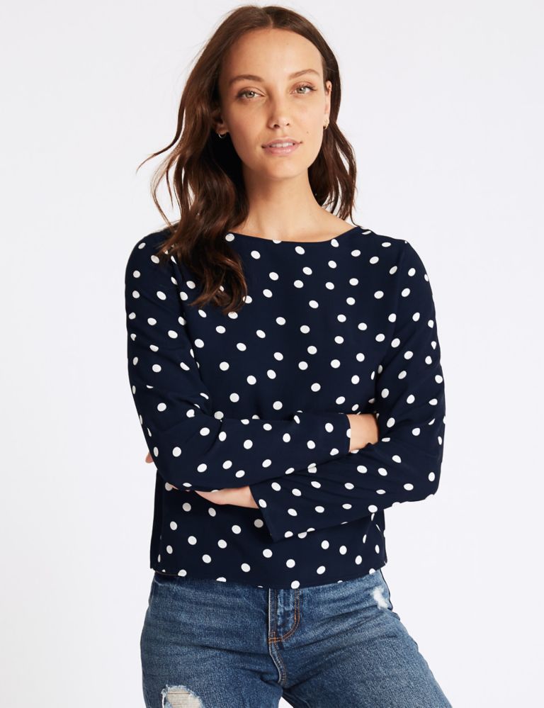 Spotted Round Neck Long Sleeve Blouse 1 of 4