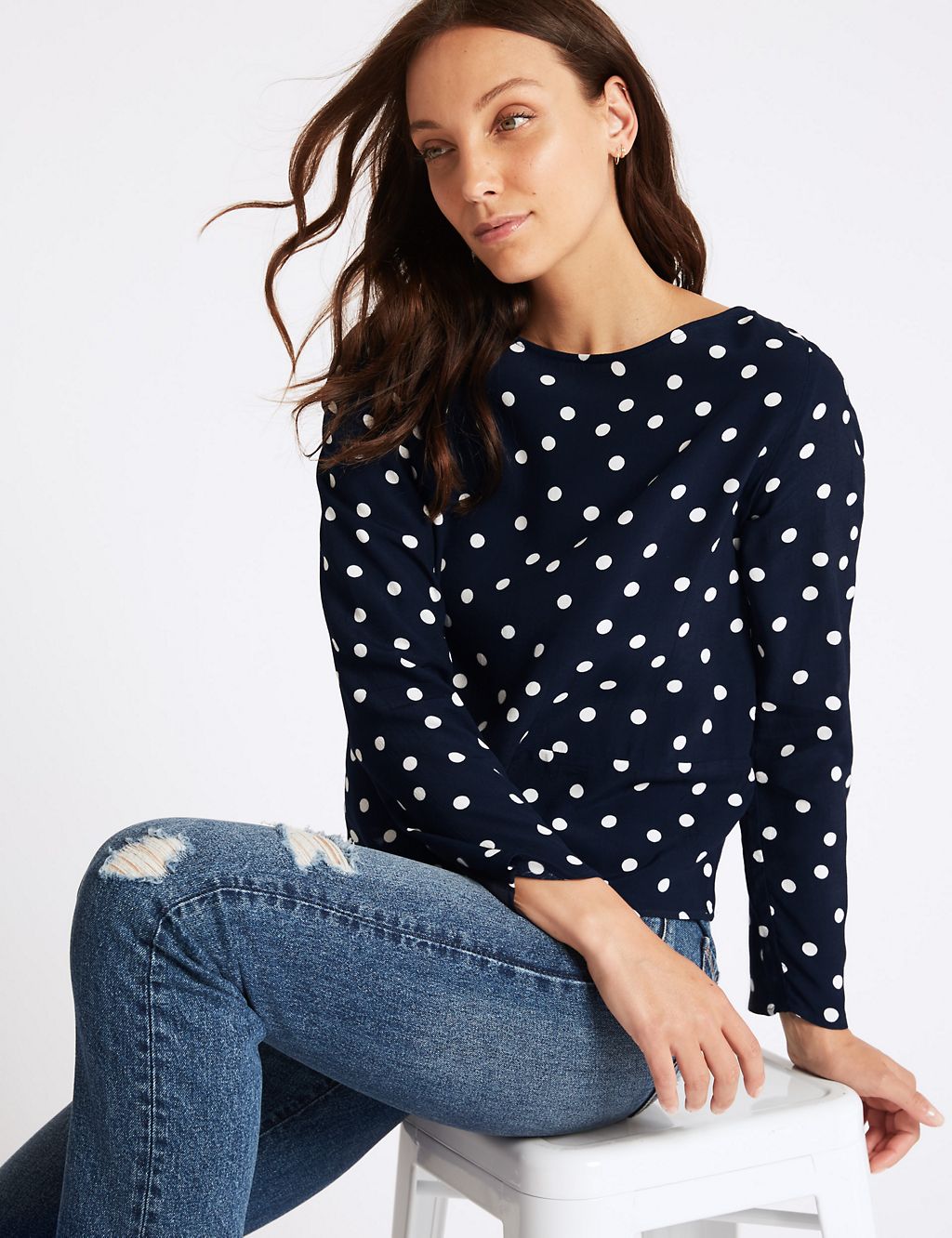 Spotted Round Neck Long Sleeve Blouse 2 of 4