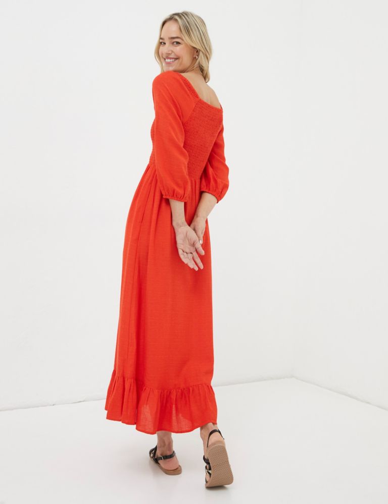 Square Neck Midi Shirred Dress with Linen 3 of 5