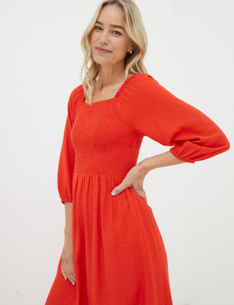 Square Neck Midi Shirred Dress with Linen 4 of 5