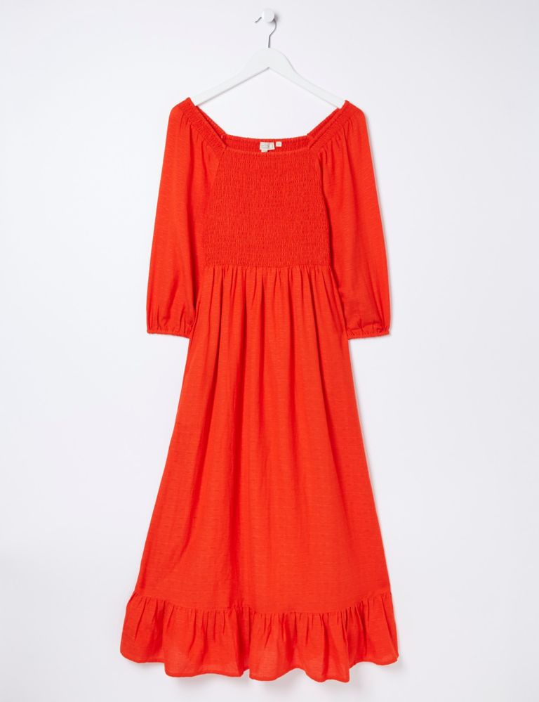 Square Neck Midi Shirred Dress with Linen 2 of 5