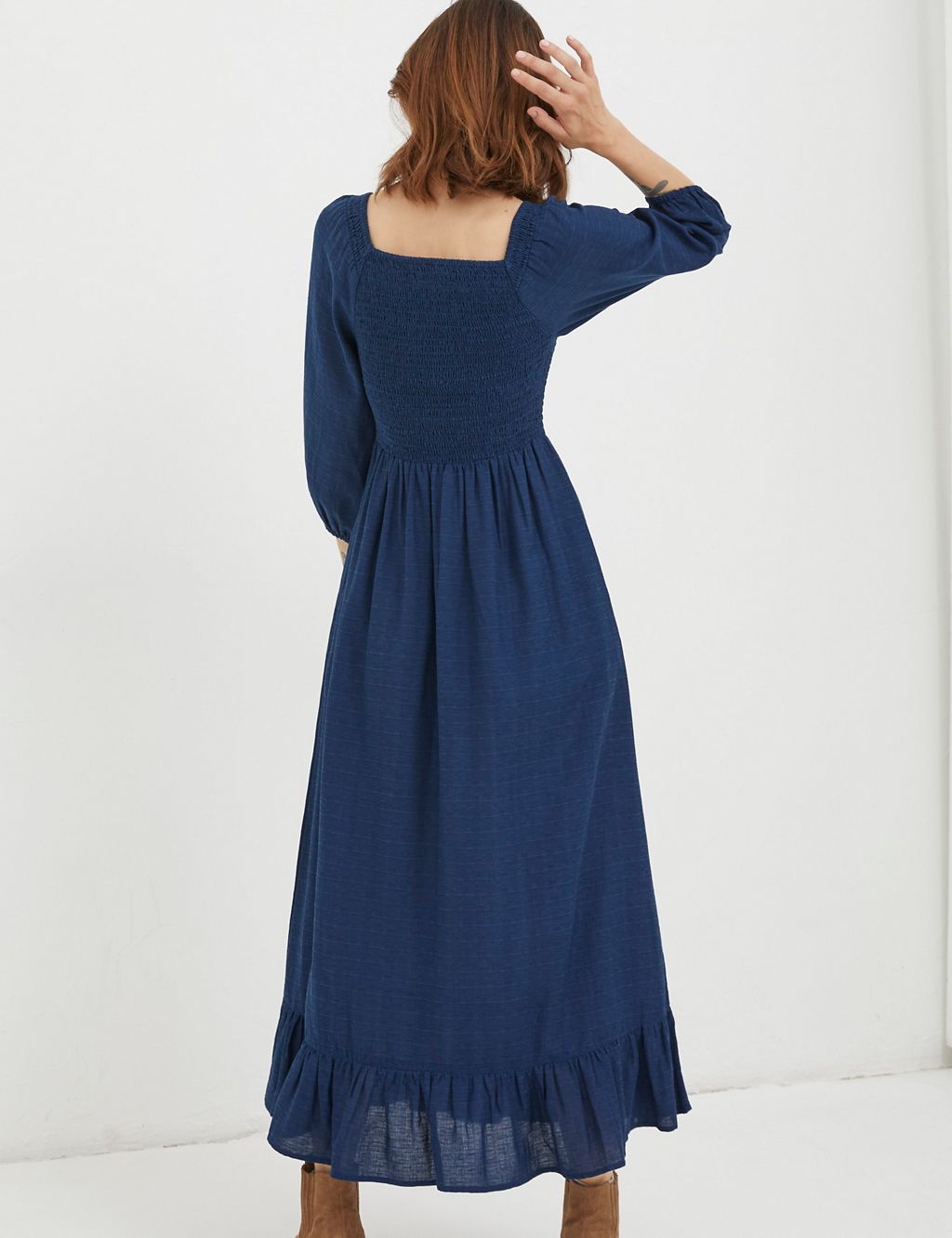 Square Neck Midi Shirred Dress with Linen 2 of 5
