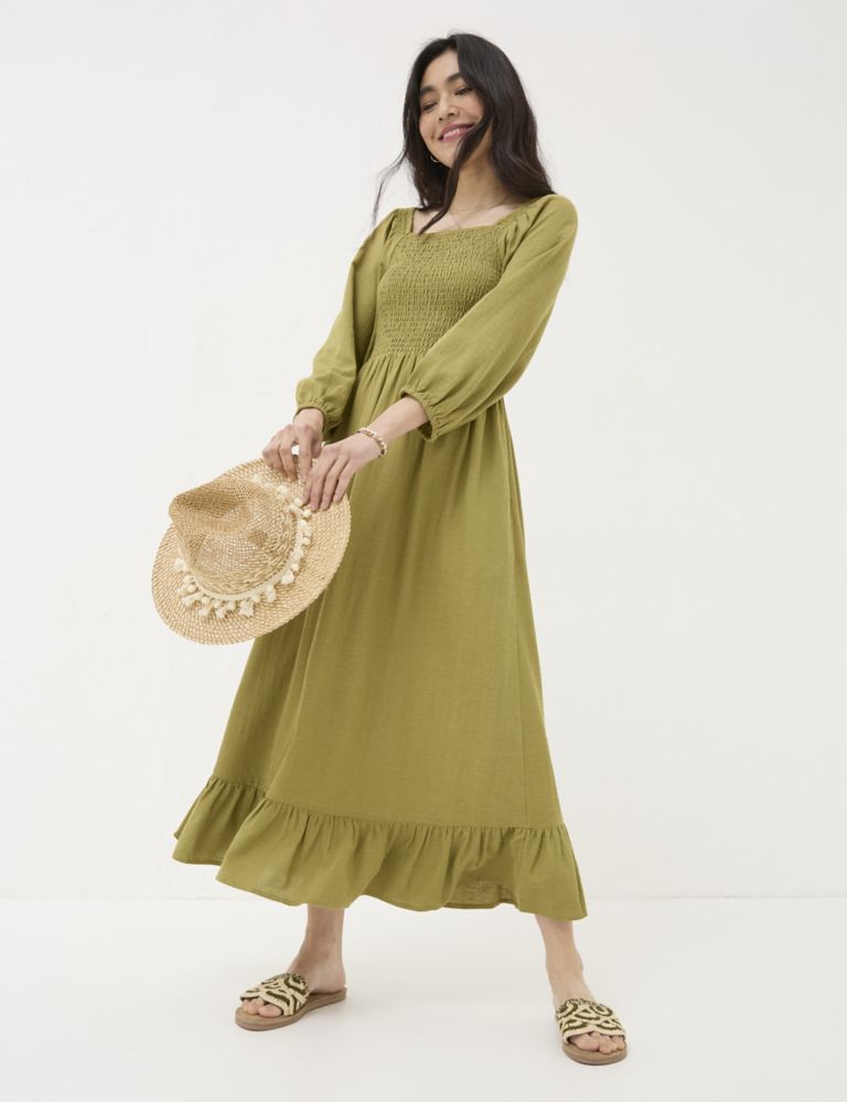 Square Neck Midi Shirred Dress with Linen 1 of 7