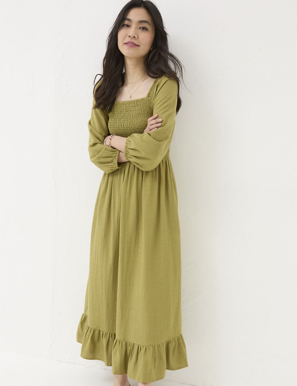 Square Neck Midi Shirred Dress with Linen 2 of 7