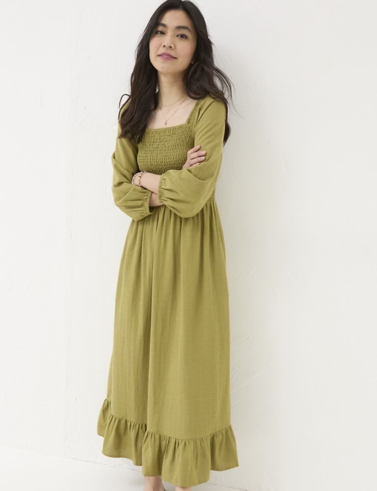 Square Neck Midi Shirred Dress with Linen 3 of 7