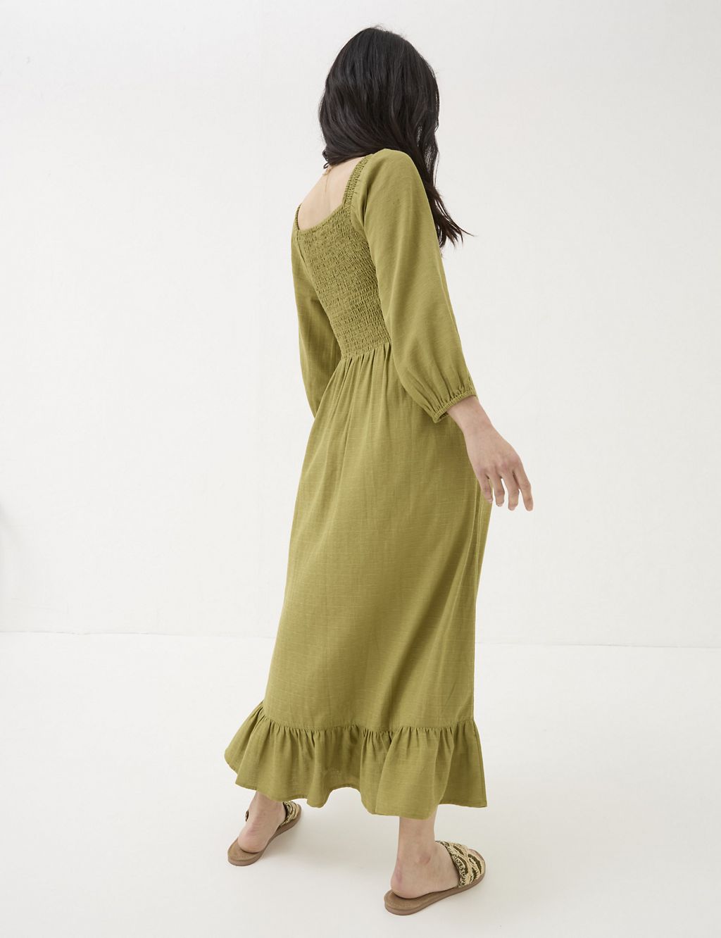 Square Neck Midi Shirred Dress with Linen 6 of 7