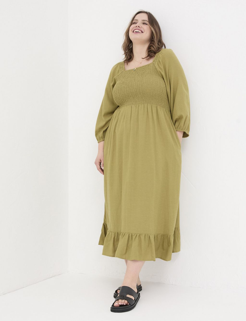 Square Neck Midi Shirred Dress with Linen 5 of 7