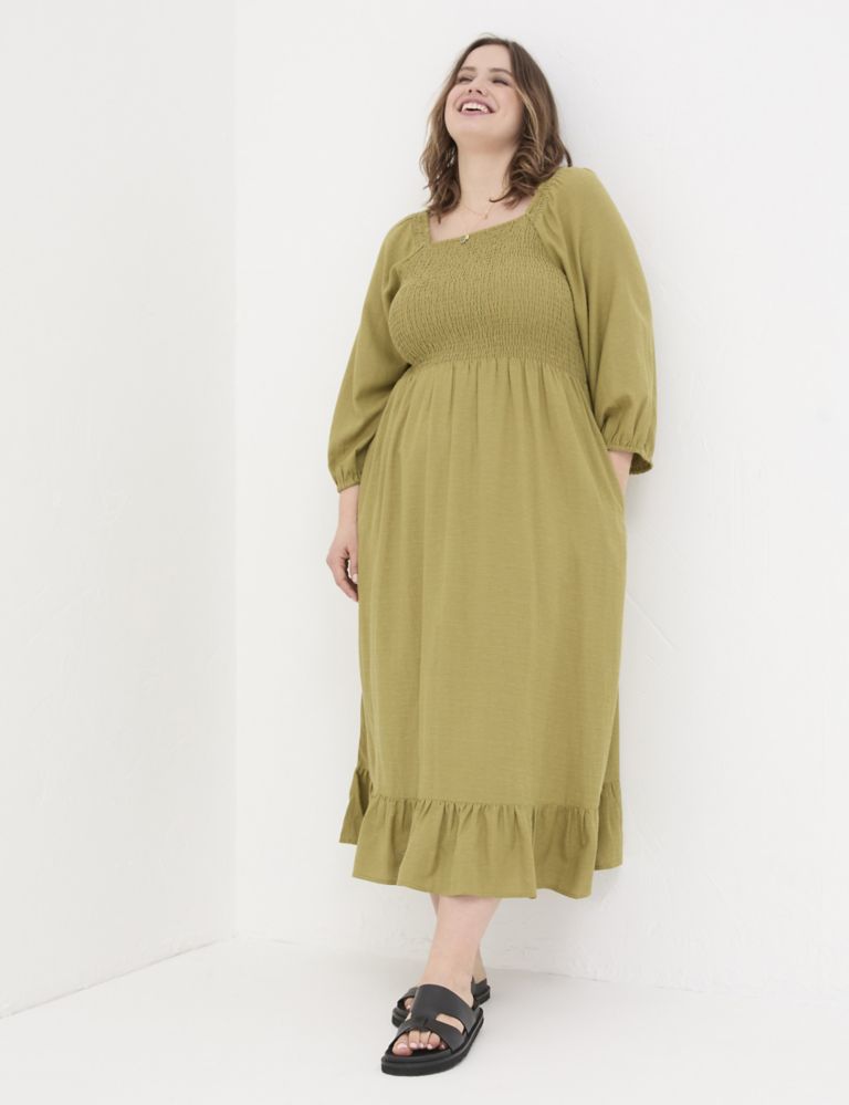 Square Neck Midi Shirred Dress with Linen 7 of 7