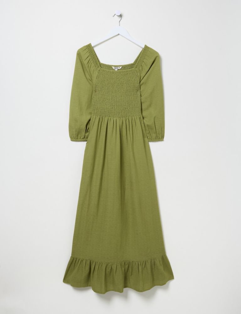 Square Neck Midi Shirred Dress with Linen 2 of 7