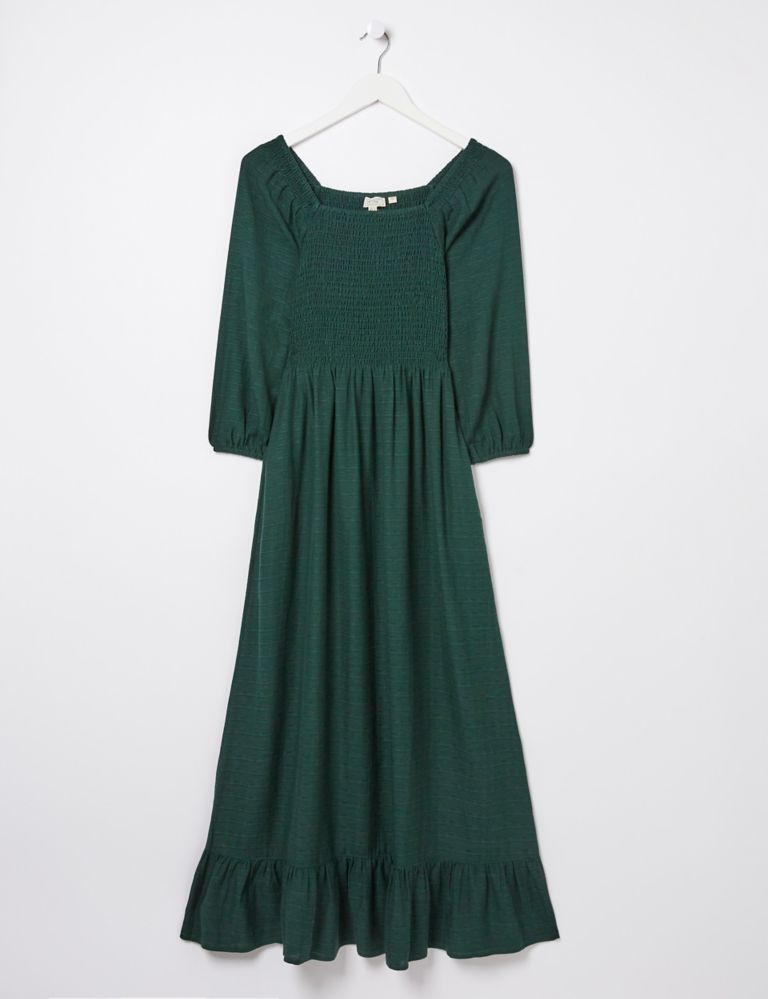 Square Neck Midi Shirred Dress with Linen 1 of 1