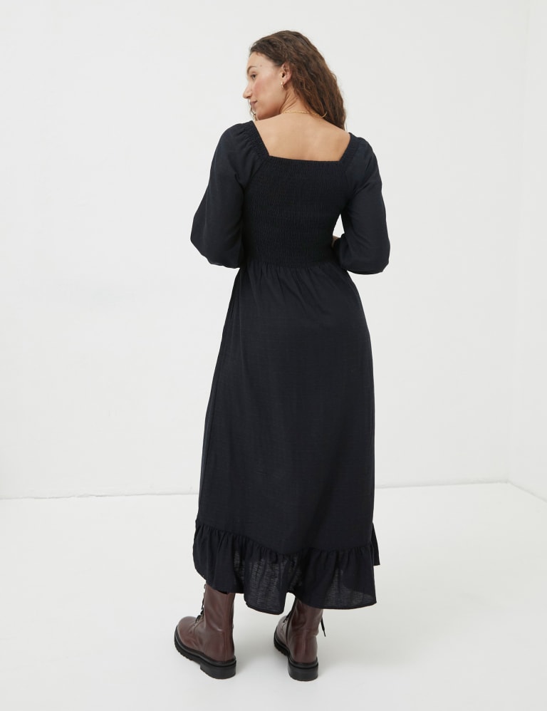 Square Neck Midi Shirred Dress with Linen 3 of 5