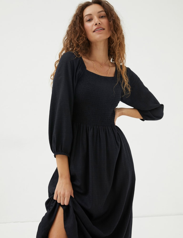 New Look shirred square neck midi dress in black